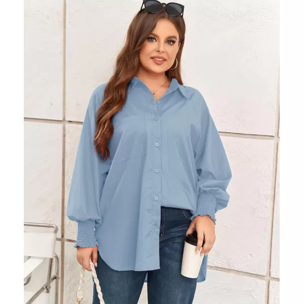 LALAGEN Womens Plus Size Oversized Long Sleeve Button Down Shirt Modest Smocked Cuffed Loose Shirts Blouse with Pocket L5XSolid Blue