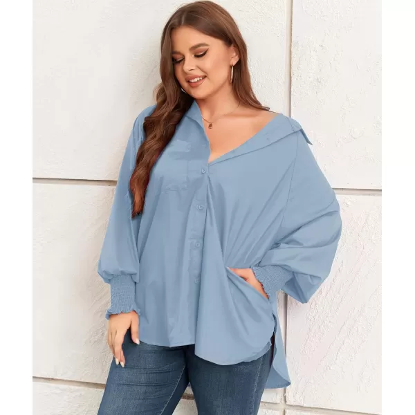 LALAGEN Womens Plus Size Oversized Long Sleeve Button Down Shirt Modest Smocked Cuffed Loose Shirts Blouse with Pocket L5XSolid Blue