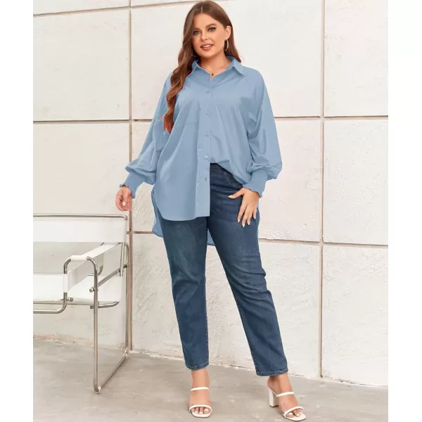 LALAGEN Womens Plus Size Oversized Long Sleeve Button Down Shirt Modest Smocked Cuffed Loose Shirts Blouse with Pocket L5XSolid Blue