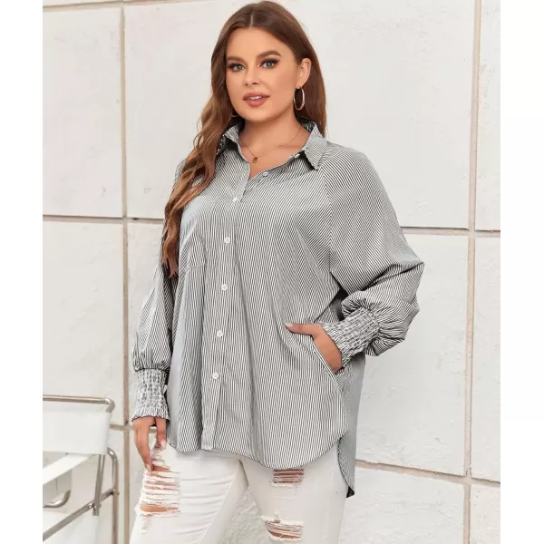 LALAGEN Womens Plus Size Oversized Long Sleeve Button Down Shirt Modest Smocked Cuffed Loose Shirts Blouse with Pocket L5XStripe Black