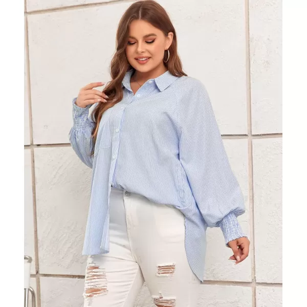 LALAGEN Womens Plus Size Oversized Long Sleeve Button Down Shirt Modest Smocked Cuffed Loose Shirts Blouse with Pocket L5XStripe Blue