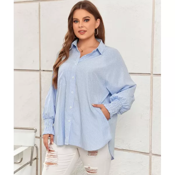 LALAGEN Womens Plus Size Oversized Long Sleeve Button Down Shirt Modest Smocked Cuffed Loose Shirts Blouse with Pocket L5XStripe Blue