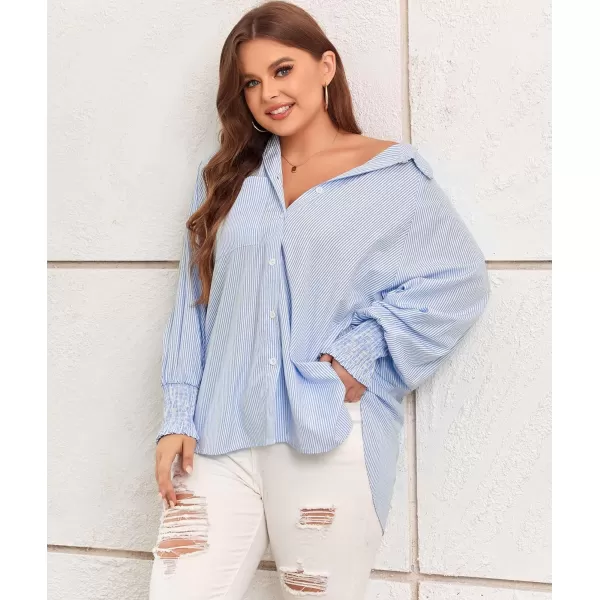 LALAGEN Womens Plus Size Oversized Long Sleeve Button Down Shirt Modest Smocked Cuffed Loose Shirts Blouse with Pocket L5XStripe Blue