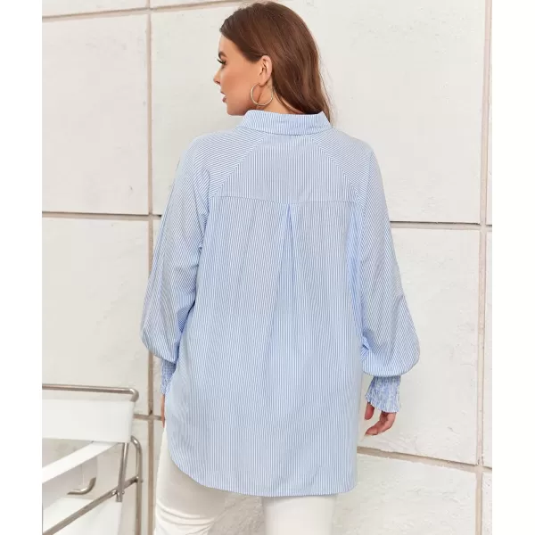 LALAGEN Womens Plus Size Oversized Long Sleeve Button Down Shirt Modest Smocked Cuffed Loose Shirts Blouse with Pocket L5XStripe Blue