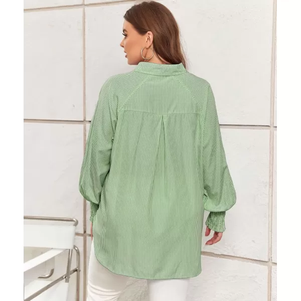 LALAGEN Womens Plus Size Oversized Long Sleeve Button Down Shirt Modest Smocked Cuffed Loose Shirts Blouse with Pocket L5XStripe Green