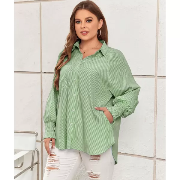 LALAGEN Womens Plus Size Oversized Long Sleeve Button Down Shirt Modest Smocked Cuffed Loose Shirts Blouse with Pocket L5XStripe Green