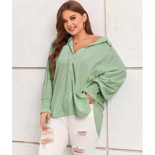 LALAGEN Womens Plus Size Oversized Long Sleeve Button Down Shirt Modest Smocked Cuffed Loose Shirts Blouse with Pocket L5XStripe Green