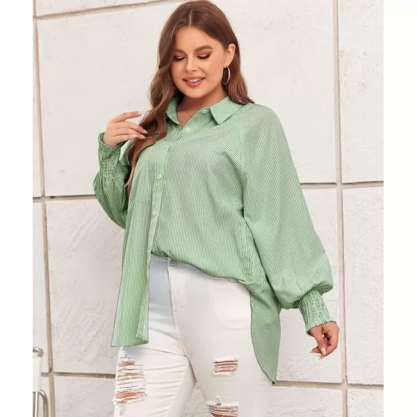 LALAGEN Womens Plus Size Oversized Long Sleeve Button Down Shirt Modest Smocked Cuffed Loose Shirts Blouse with Pocket L5XStripe Green