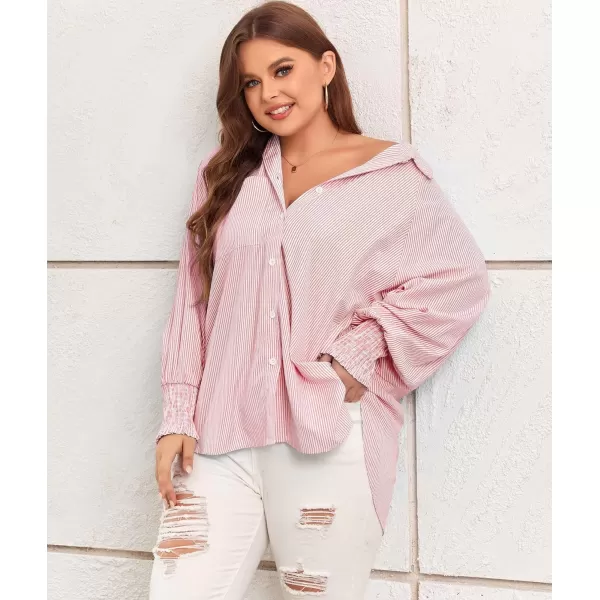 LALAGEN Womens Plus Size Oversized Long Sleeve Button Down Shirt Modest Smocked Cuffed Loose Shirts Blouse with Pocket L5XStripe Pink