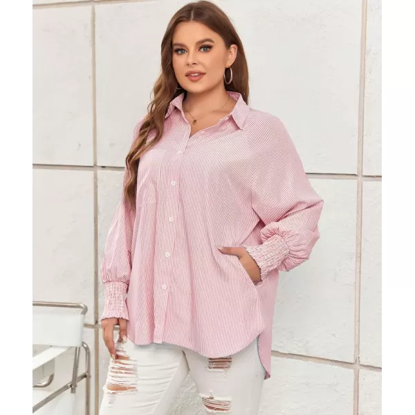 LALAGEN Womens Plus Size Oversized Long Sleeve Button Down Shirt Modest Smocked Cuffed Loose Shirts Blouse with Pocket L5XStripe Pink