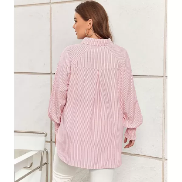 LALAGEN Womens Plus Size Oversized Long Sleeve Button Down Shirt Modest Smocked Cuffed Loose Shirts Blouse with Pocket L5XStripe Pink