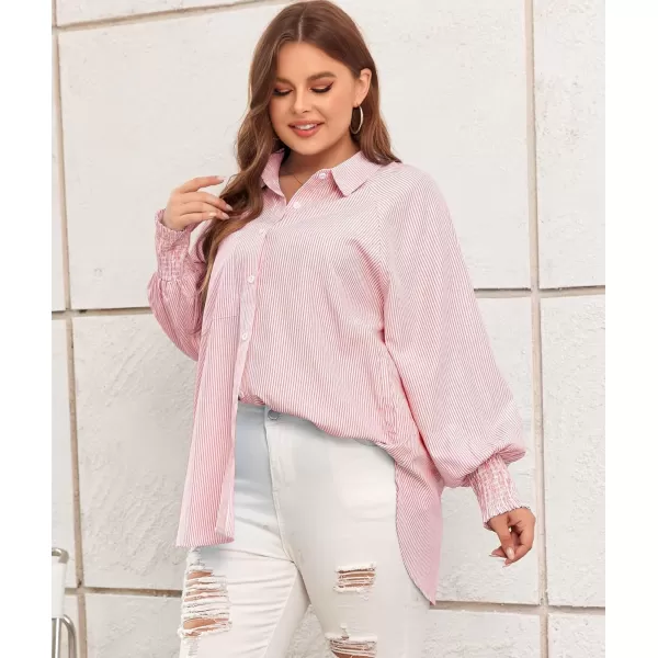 LALAGEN Womens Plus Size Oversized Long Sleeve Button Down Shirt Modest Smocked Cuffed Loose Shirts Blouse with Pocket L5XStripe Pink