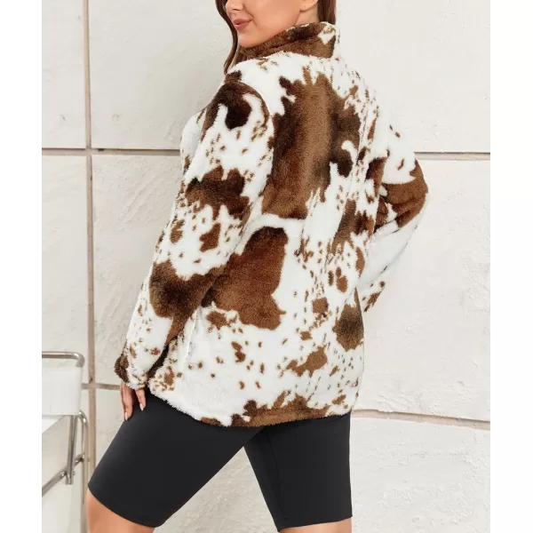 LALAGEN Womens Plus Size Sherpa Fleece Sweatshirt Casual Cow Print Zipper Pullover Fuzzy Winter Outwear with Pocket L5XAcow Print Brown
