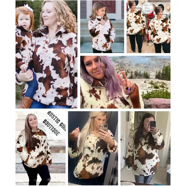 LALAGEN Womens Plus Size Sherpa Fleece Sweatshirt Casual Cow Print Zipper Pullover Fuzzy Winter Outwear with Pocket L5XAcow Print Brown