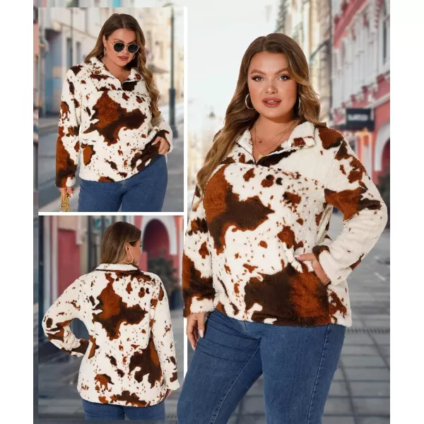 LALAGEN Womens Plus Size Sherpa Fleece Sweatshirt Casual Cow Print Zipper Pullover Fuzzy Winter Outwear with Pocket L5XAcow Print Brown