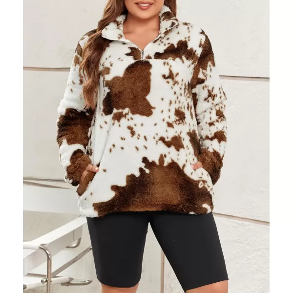 LALAGEN Womens Plus Size Sherpa Fleece Sweatshirt Casual Cow Print Zipper Pullover Fuzzy Winter Outwear with Pocket L5XAcow Print Brown