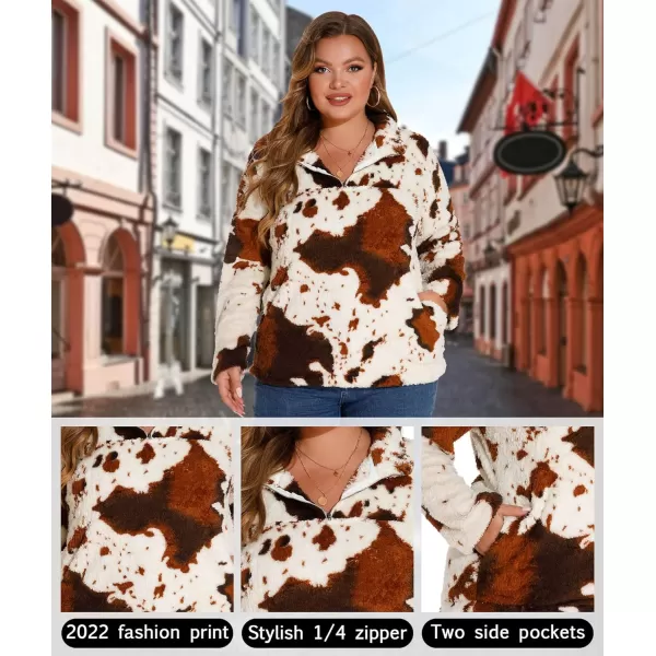 LALAGEN Womens Plus Size Sherpa Fleece Sweatshirt Casual Cow Print Zipper Pullover Fuzzy Winter Outwear with Pocket L5XAcow Print Brown
