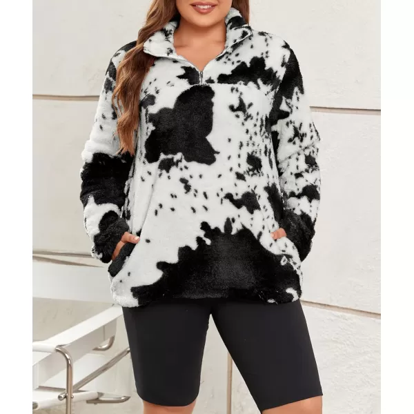 LALAGEN Womens Plus Size Sherpa Fleece Sweatshirt Casual Cow Print Zipper Pullover Fuzzy Winter Outwear with Pocket L5XCow Print Black