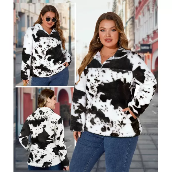 LALAGEN Womens Plus Size Sherpa Fleece Sweatshirt Casual Cow Print Zipper Pullover Fuzzy Winter Outwear with Pocket L5XCow Print Black