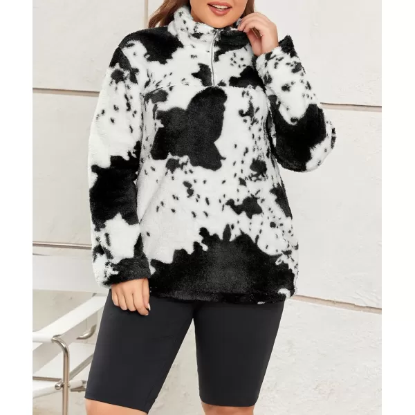 LALAGEN Womens Plus Size Sherpa Fleece Sweatshirt Casual Cow Print Zipper Pullover Fuzzy Winter Outwear with Pocket L5XCow Print Black