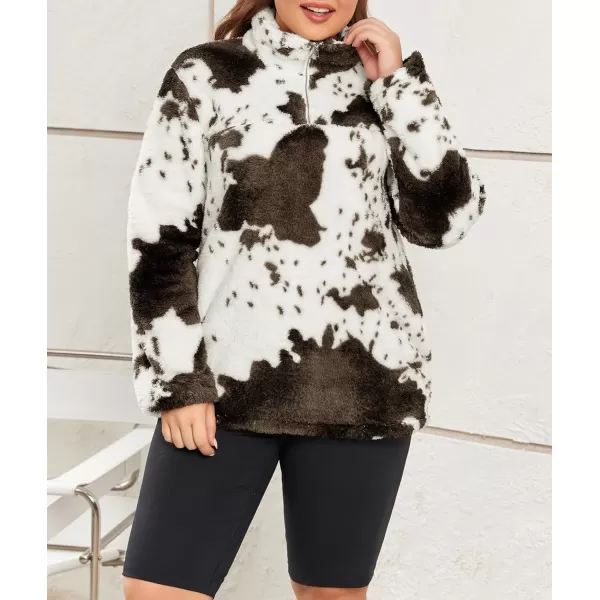 LALAGEN Womens Plus Size Sherpa Fleece Sweatshirt Casual Cow Print Zipper Pullover Fuzzy Winter Outwear with Pocket L5XCow Print Coffee