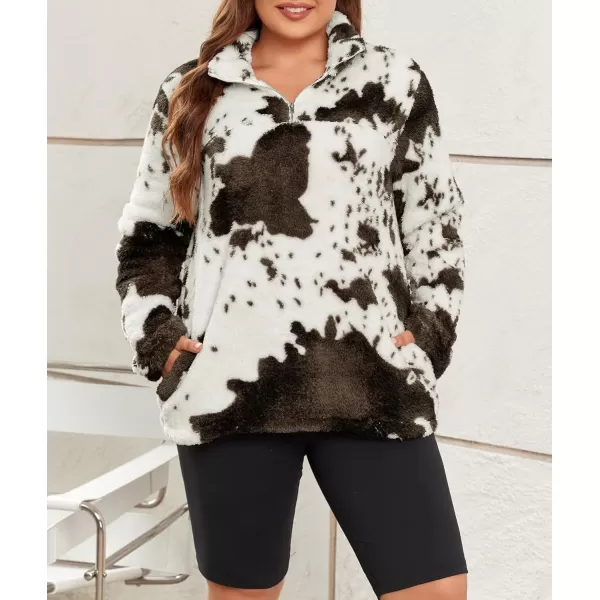 LALAGEN Womens Plus Size Sherpa Fleece Sweatshirt Casual Cow Print Zipper Pullover Fuzzy Winter Outwear with Pocket L5XCow Print Coffee