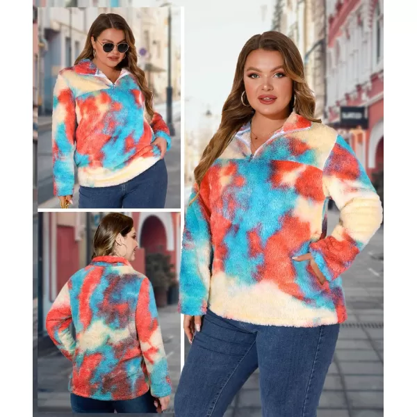 LALAGEN Womens Plus Size Sherpa Fleece Sweatshirt Casual Cow Print Zipper Pullover Fuzzy Winter Outwear with Pocket L5XTie Dye Red Blue