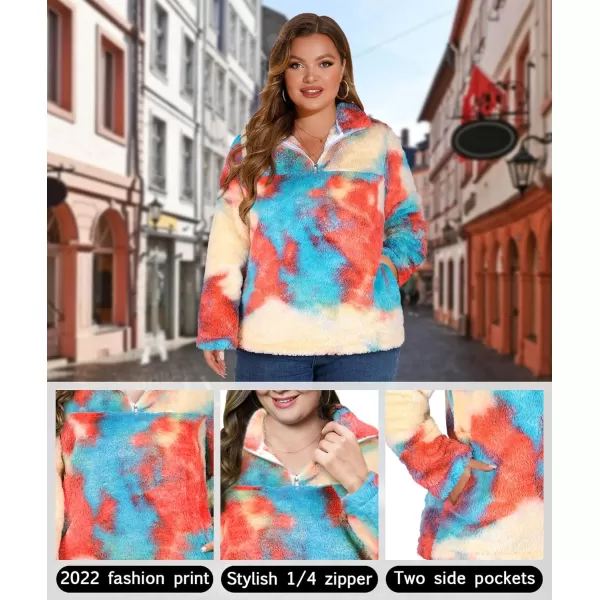 LALAGEN Womens Plus Size Sherpa Fleece Sweatshirt Casual Cow Print Zipper Pullover Fuzzy Winter Outwear with Pocket L5XTie Dye Red Blue