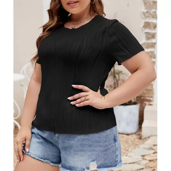 LALAGEN Womens Plus Size Summer Work Tops Textured Short Sleeve Crew Neck Tunic Business Casual T Shirt Basic Top BlouseBlack