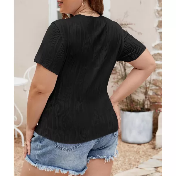 LALAGEN Womens Plus Size Summer Work Tops Textured Short Sleeve Crew Neck Tunic Business Casual T Shirt Basic Top BlouseBlack