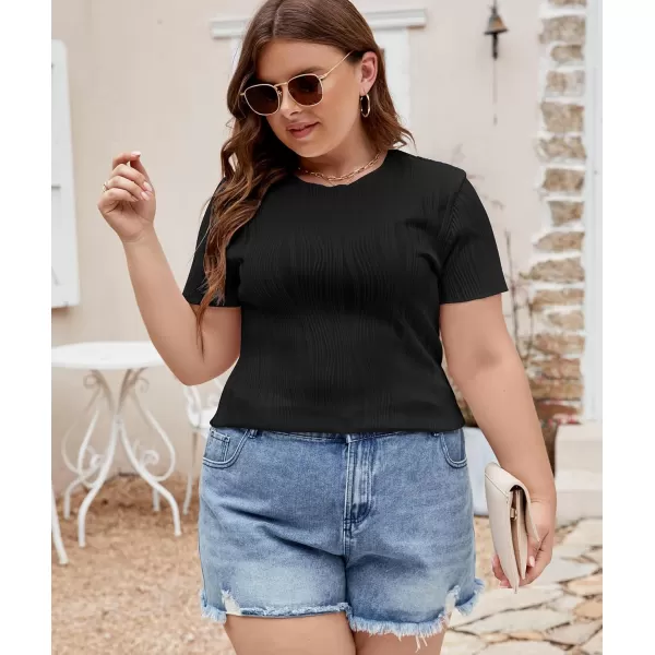 LALAGEN Womens Plus Size Summer Work Tops Textured Short Sleeve Crew Neck Tunic Business Casual T Shirt Basic Top BlouseBlack