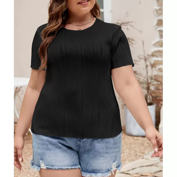 LALAGEN Womens Plus Size Summer Work Tops Textured Short Sleeve Crew Neck Tunic Business Casual T Shirt Basic Top BlouseBlack