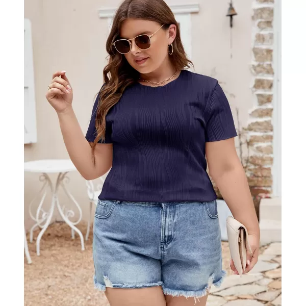 LALAGEN Womens Plus Size Summer Work Tops Textured Short Sleeve Crew Neck Tunic Business Casual T Shirt Basic Top BlouseNavy Blue