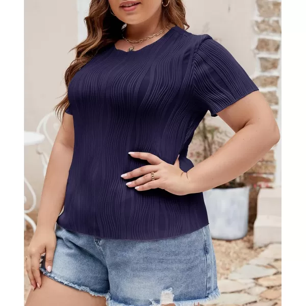 LALAGEN Womens Plus Size Summer Work Tops Textured Short Sleeve Crew Neck Tunic Business Casual T Shirt Basic Top BlouseNavy Blue