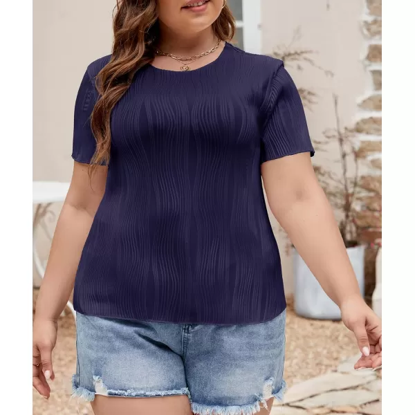 LALAGEN Womens Plus Size Summer Work Tops Textured Short Sleeve Crew Neck Tunic Business Casual T Shirt Basic Top BlouseNavy Blue