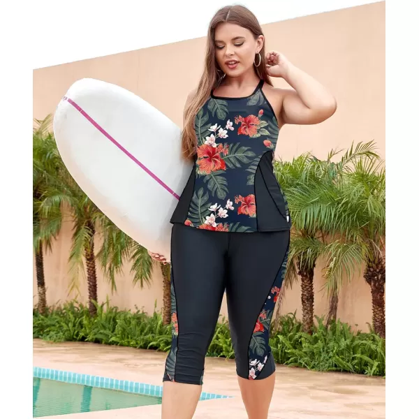 LALAGEN Womens Plus Size Swimsuits 2024 Modest Rash Guard Capris Tankini Bathing Suits Two Piece Bathing Suit SwimwearOrange Flowers