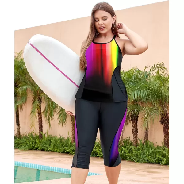 LALAGEN Womens Plus Size Swimsuits 2024 Modest Rash Guard Capris Tankini Bathing Suits Two Piece Bathing Suit SwimwearRainbow Print