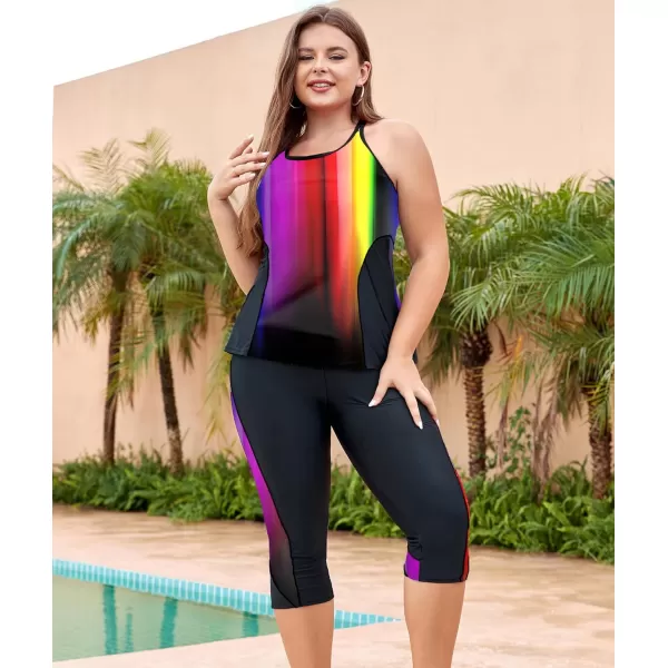 LALAGEN Womens Plus Size Swimsuits 2024 Modest Rash Guard Capris Tankini Bathing Suits Two Piece Bathing Suit SwimwearRainbow Print