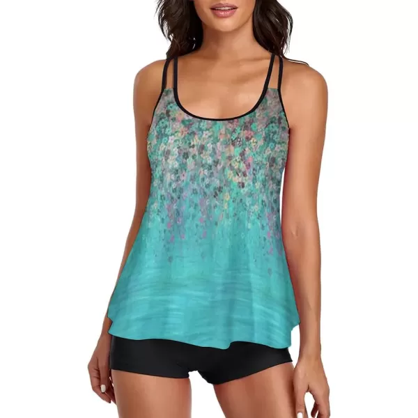 LALAGEN Womens Plus Size Tankini Swimsuit Two Piece Bathing Suits Swim Tank Top with Boy Short L5XZgreen Blue Floral