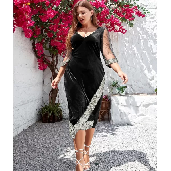 LALAGEN Womens Plus Size Velvet Midi Dresses Sequin V Neck 34 Sleeve Split Wrap Cocktail Wedding Guest Party Dress 1X5XBlack