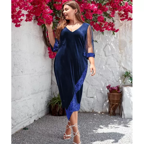 LALAGEN Womens Plus Size Velvet Midi Dresses Sequin V Neck 34 Sleeve Split Wrap Cocktail Wedding Guest Party Dress 1X5XBlue