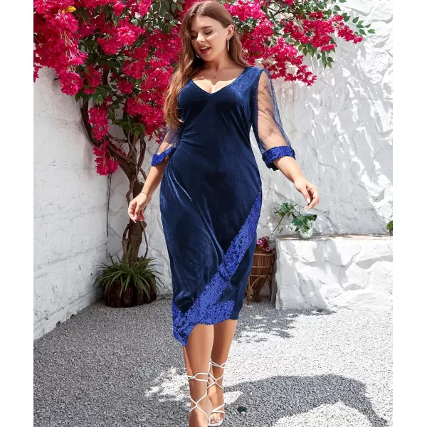 LALAGEN Womens Plus Size Velvet Midi Dresses Sequin V Neck 34 Sleeve Split Wrap Cocktail Wedding Guest Party Dress 1X5XBlue