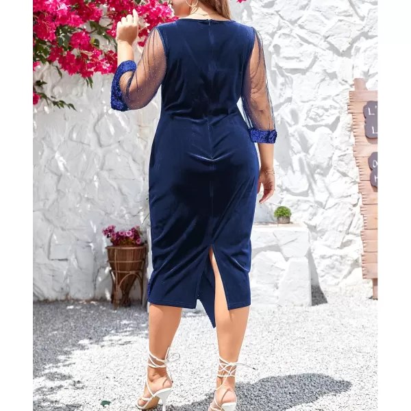 LALAGEN Womens Plus Size Velvet Midi Dresses Sequin V Neck 34 Sleeve Split Wrap Cocktail Wedding Guest Party Dress 1X5XBlue