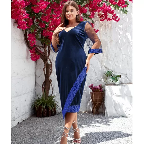 LALAGEN Womens Plus Size Velvet Midi Dresses Sequin V Neck 34 Sleeve Split Wrap Cocktail Wedding Guest Party Dress 1X5XBlue