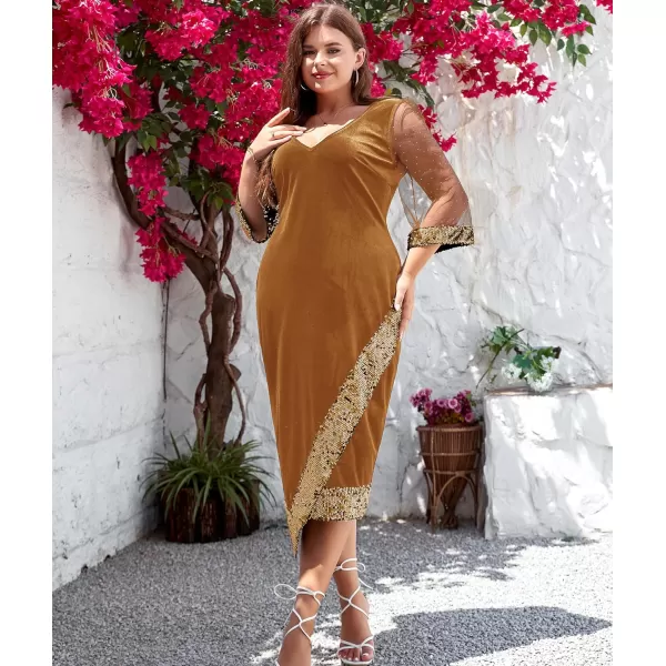 LALAGEN Womens Plus Size Velvet Midi Dresses Sequin V Neck 34 Sleeve Split Wrap Cocktail Wedding Guest Party Dress 1X5XGolden