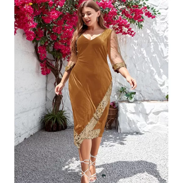 LALAGEN Womens Plus Size Velvet Midi Dresses Sequin V Neck 34 Sleeve Split Wrap Cocktail Wedding Guest Party Dress 1X5XGolden