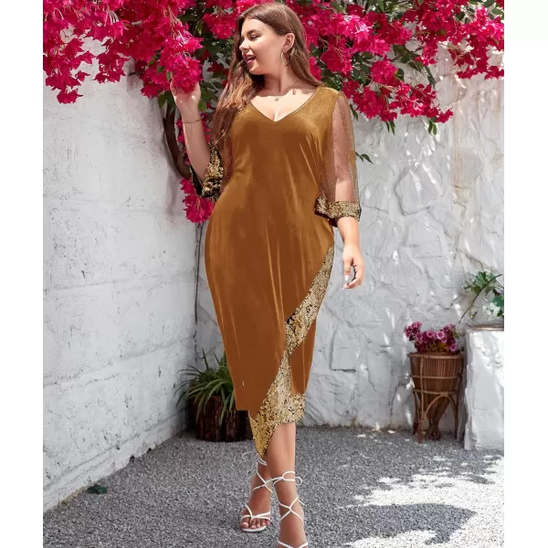 LALAGEN Womens Plus Size Velvet Midi Dresses Sequin V Neck 34 Sleeve Split Wrap Cocktail Wedding Guest Party Dress 1X5XGolden