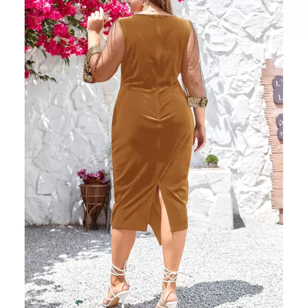 LALAGEN Womens Plus Size Velvet Midi Dresses Sequin V Neck 34 Sleeve Split Wrap Cocktail Wedding Guest Party Dress 1X5XGolden