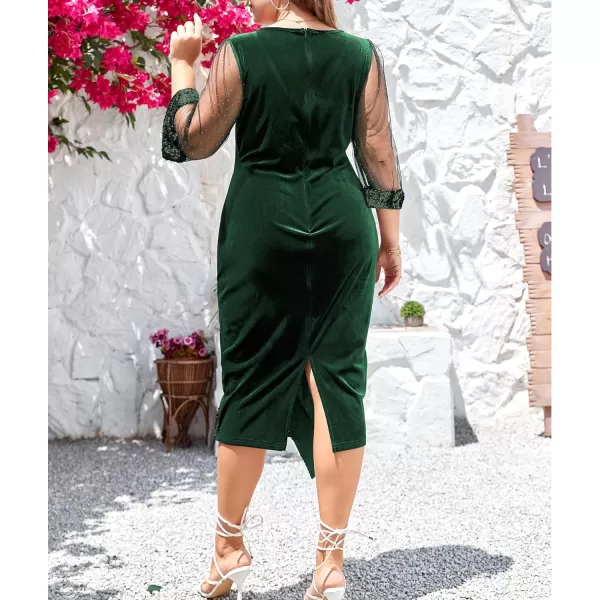 LALAGEN Womens Plus Size Velvet Midi Dresses Sequin V Neck 34 Sleeve Split Wrap Cocktail Wedding Guest Party Dress 1X5XGreen