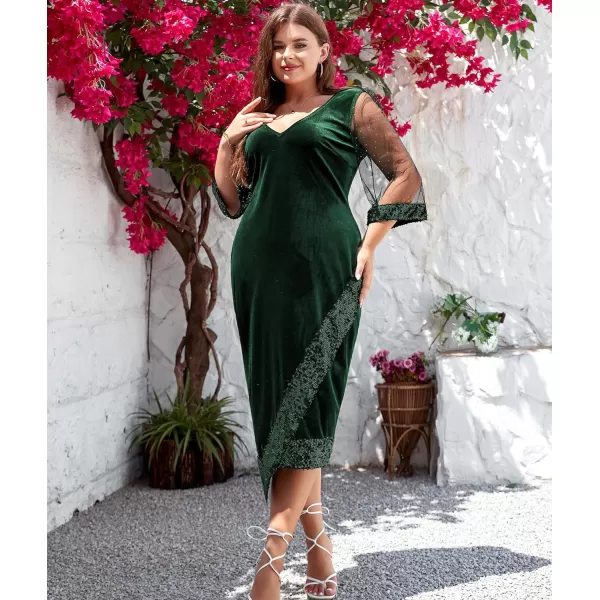 LALAGEN Womens Plus Size Velvet Midi Dresses Sequin V Neck 34 Sleeve Split Wrap Cocktail Wedding Guest Party Dress 1X5XGreen